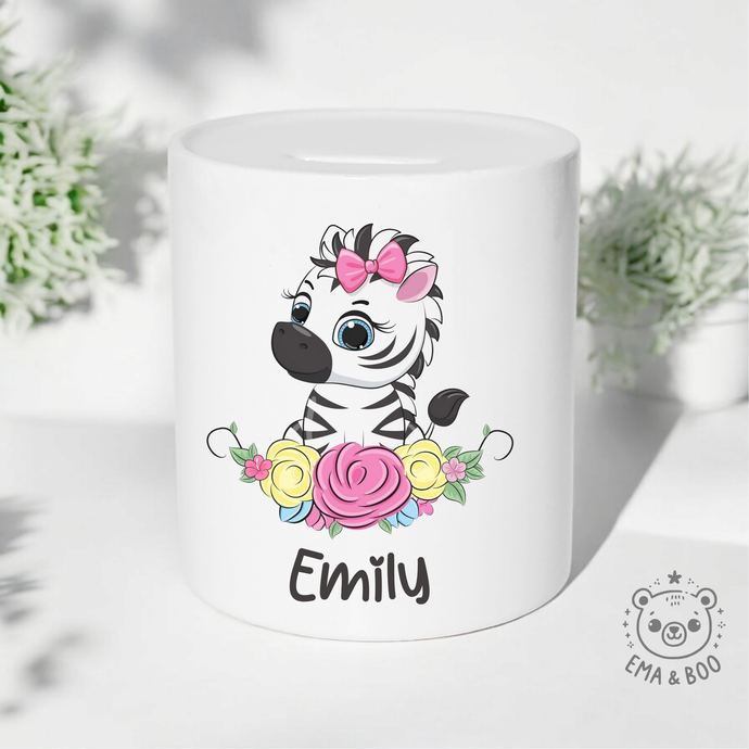 Personalised baby girl money box with zebra and floral design, customised with name.