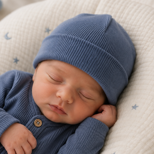 Sleeping newborn baby wearing a navy blue cotton turnover beanie hat.