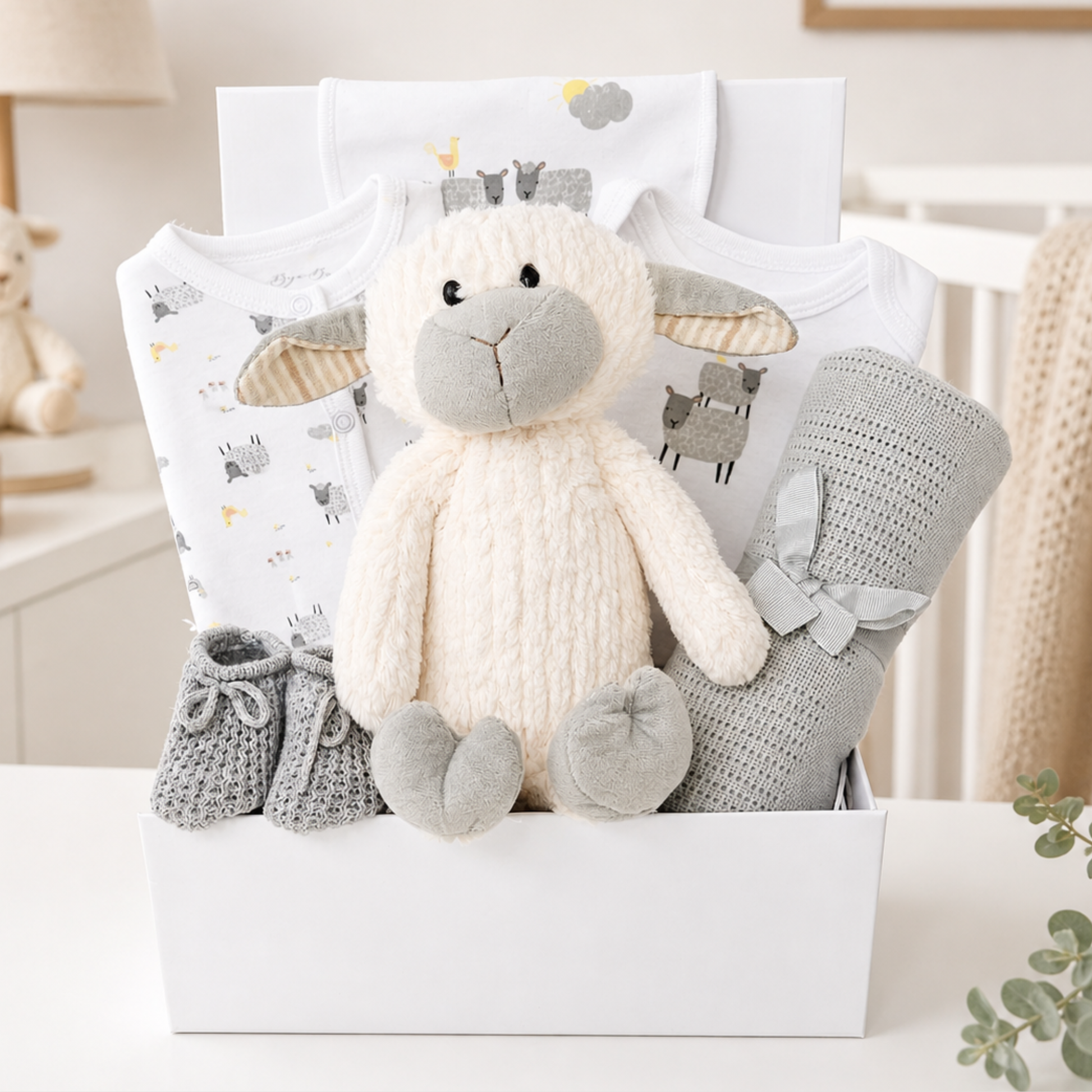 neutral baby lamb gift hamper newborn baby gift set sheep theme baby hamper uk