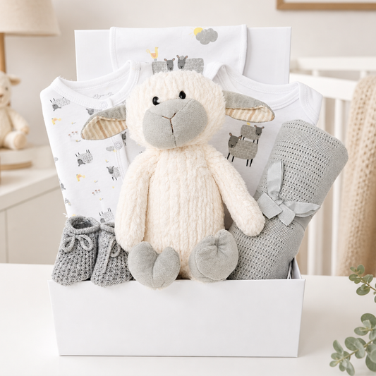 neutral baby lamb gift hamper newborn baby gift set sheep theme baby hamper uk