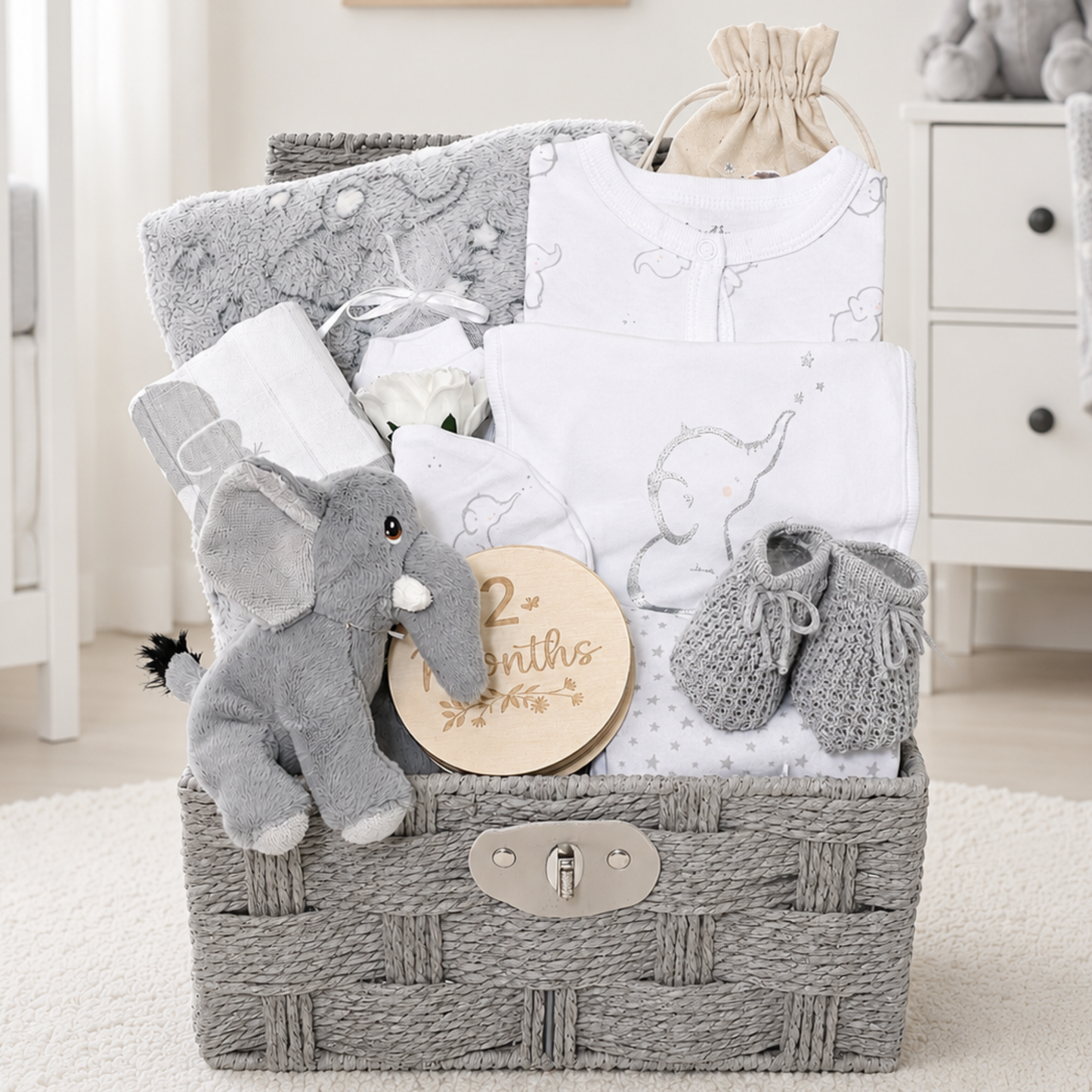 neutral elephant baby hamper gift basket - newborn baby gift
