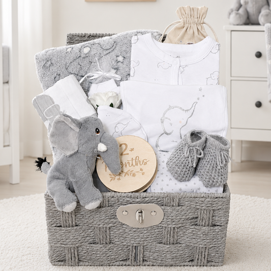 neutral elephant baby hamper gift basket - newborn baby gift
