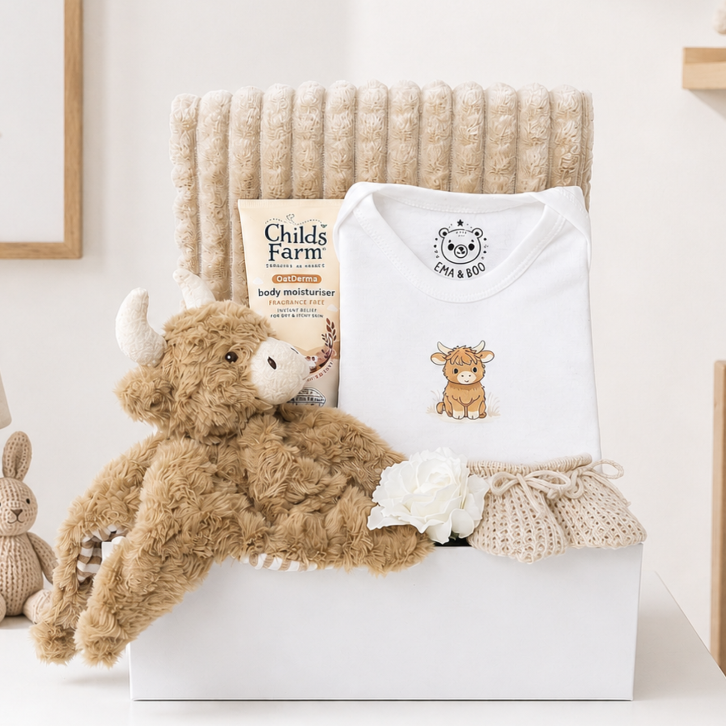 highland cow baby gift hamper neutral newborn baby gift uk