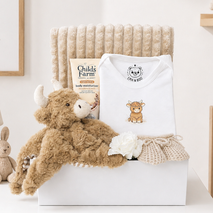 highland cow baby gift hamper neutral newborn baby gift uk