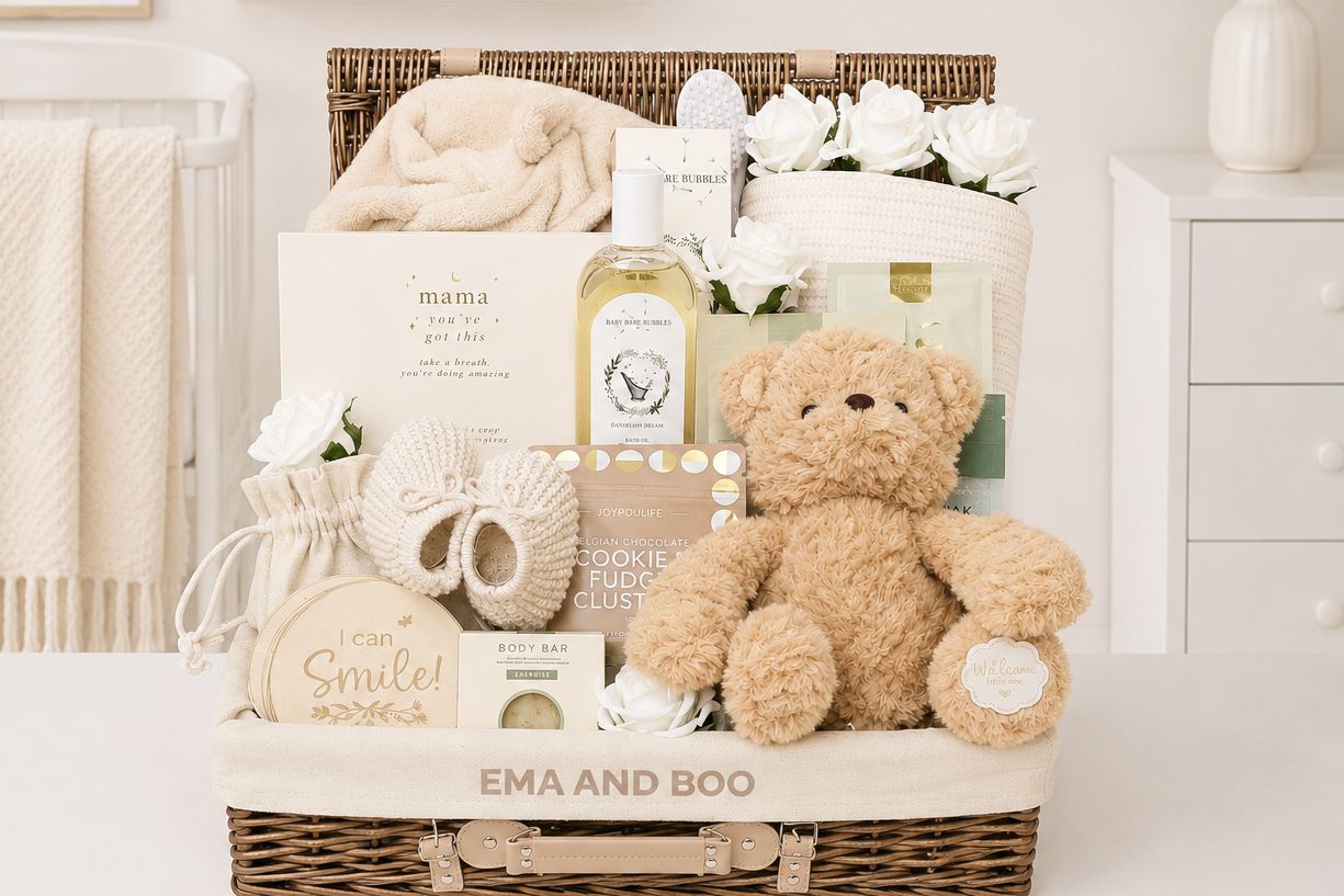 Elegant luxury baby gift hampers featuring premium baby gifts, personalised keepsakes and thoughtful new mum gifts