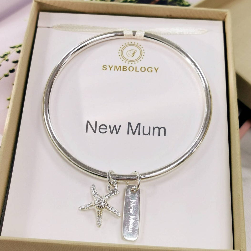 Silver bracelet with starfish charm and 'New Mum' tag in a box - Presents for Newborn Mums