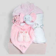 Load image into Gallery viewer, Newborn Baby Hamper - Pink Elephant Hamper with blanket &amp; comforter
