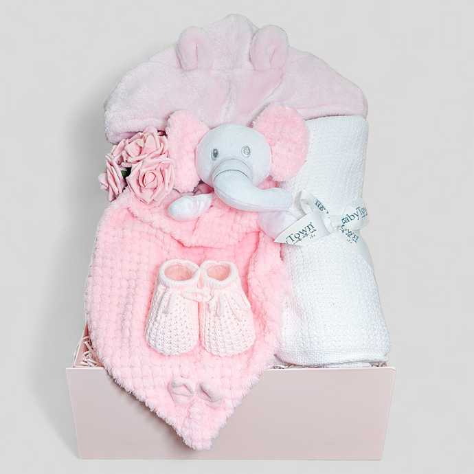 Newborn Baby Hamper - Pink Elephant Hamper with blanket & comforter