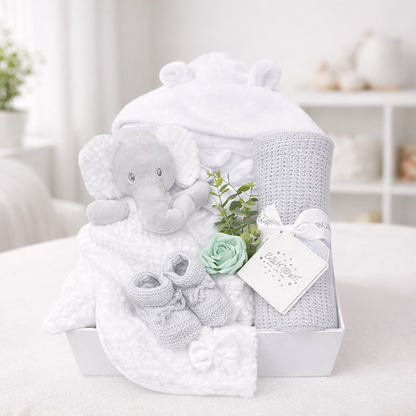Newborn baby hamper white elephant baby shower gift