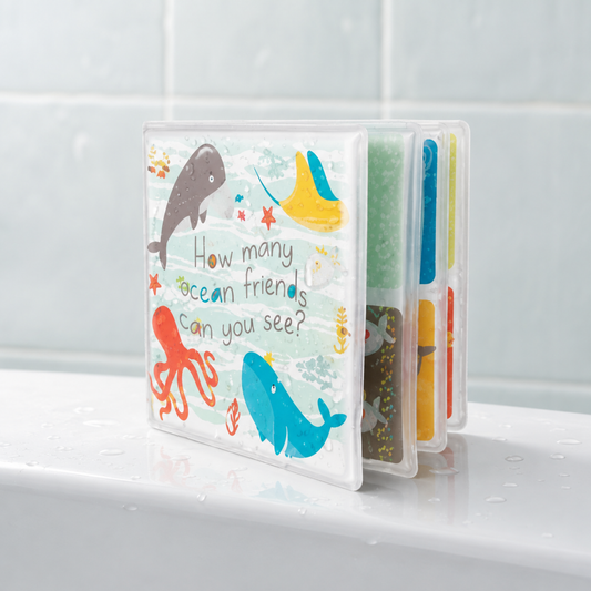 Ocean Friends soft waterproof sensory bath book with colourful sea animals and hidden squeaker