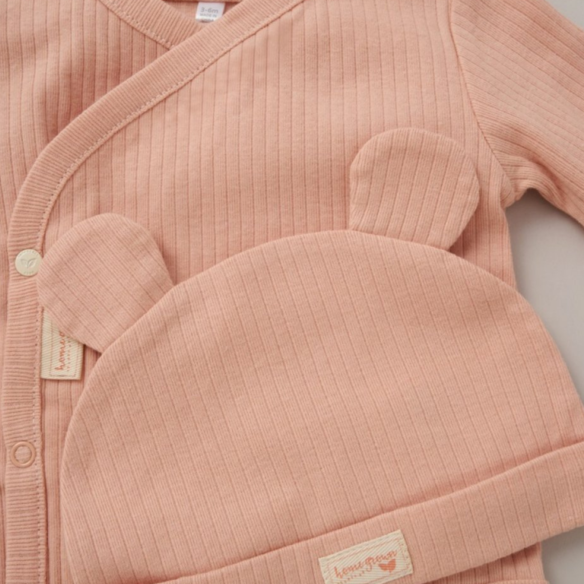 100% organic cotton baby clothing set including side popper bodysuit, trousers and bear ear hat