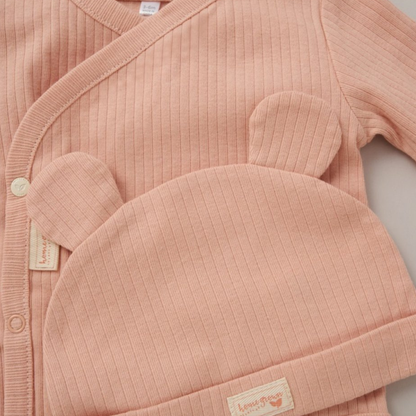 100% organic cotton baby clothing set including side popper bodysuit, trousers and bear ear hat