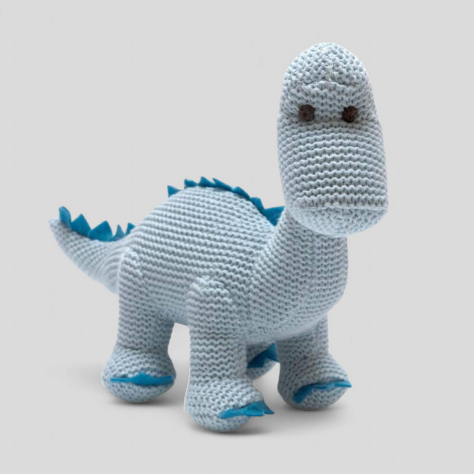 Blue diplodocus baby rattle – soft organic dinosaur toy for newborns and new baby gifting