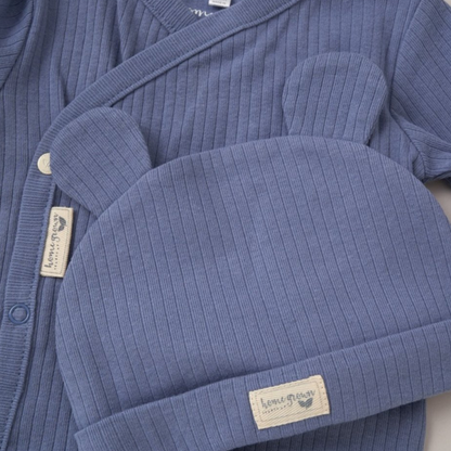 Blue ribbed organic baby outfit with hat and mittens 