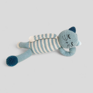 Knitted sleepy cat toy with blue and beige stripes