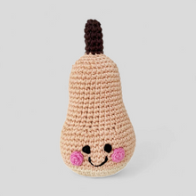 Load image into Gallery viewer, Organic crocheted butternut squash rattle toy with a smiling face 
