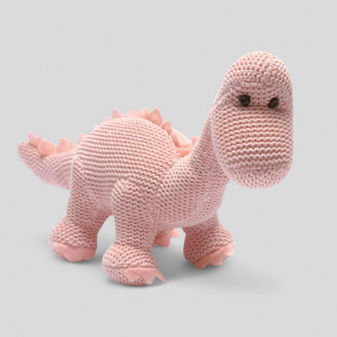 Pink diplodocus baby rattle – soft organic dinosaur toy for baby girl gift hampers