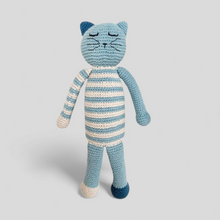 Load image into Gallery viewer, Planet Loving Baby Gifts - Crocheted cat toy with blue and white stripes 
