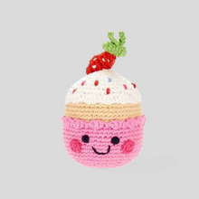 Load image into Gallery viewer, Organic crocheted pink cupcake, baby rattle toy
