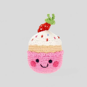 Organic crocheted pink cupcake, baby rattle toy