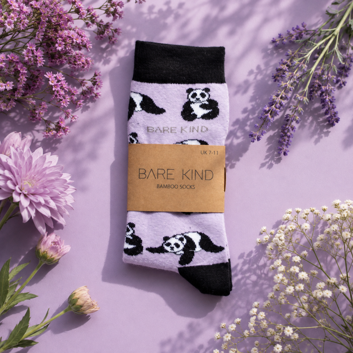 Bare Kind lilac bamboo socks with black and white panda print