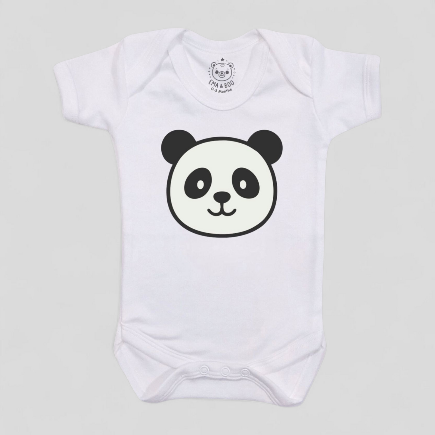 White baby bodysuit with black panda print – unisex newborn gift