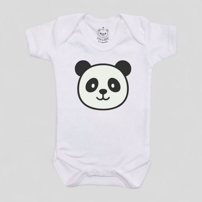 White baby bodysuit with black panda print – unisex newborn gift