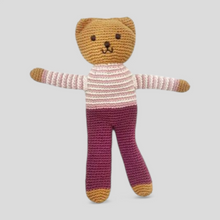Load image into Gallery viewer, Organic Knitted teddy bear toy with a striped shirt 
