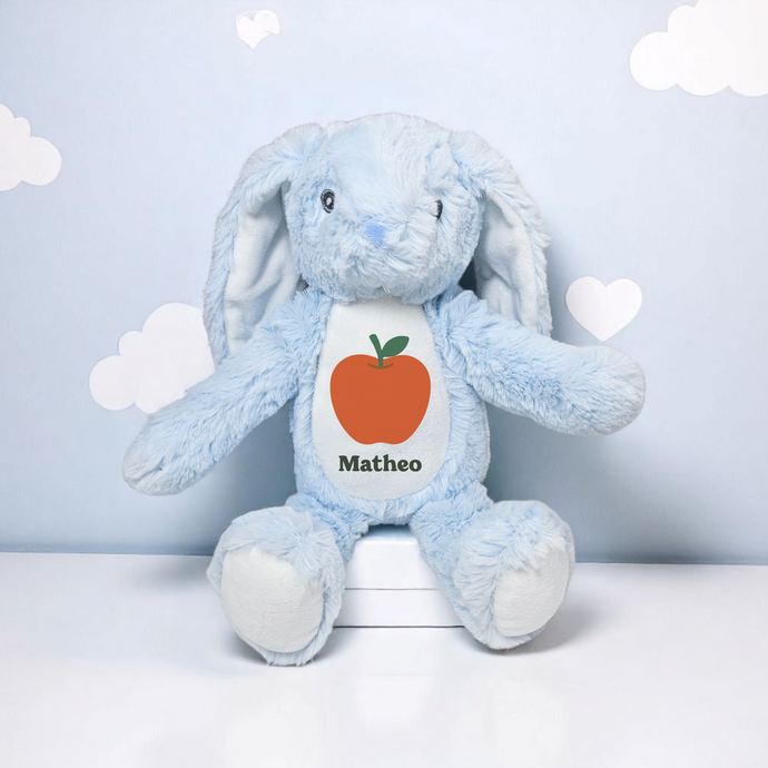 Personalised Apple Bunny – Blue Baby Soft Toy