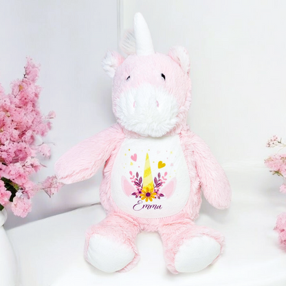 Personalised plush pink unicorn toy – personalised baby gift by Ema & Boo