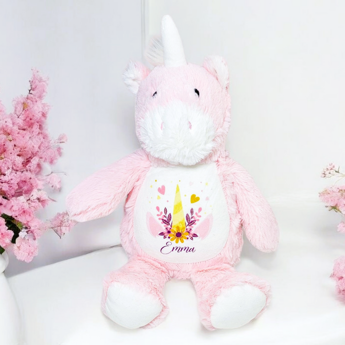 Personalised plush pink unicorn toy – personalised baby gift by Ema & Boo