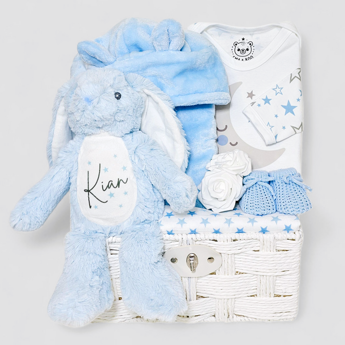Personalised baby boy hamper with blue robe, stars sleepsuit, muslin, booties & plush bunny