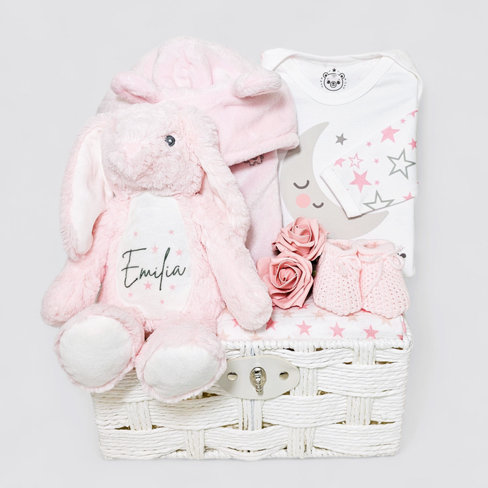 Personalised baby girl hamper with pink robe, star sleepsuit, muslin, booties & plush bunny