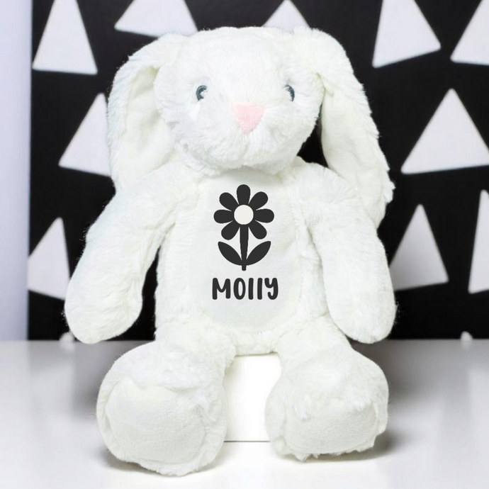 Personalised White Plush Bunny with Black Flower | Monochrome Keepsake Toy