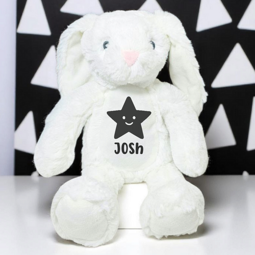 Personalised White Plush Bunny with Black Star | Monochrome Keepsake Toy