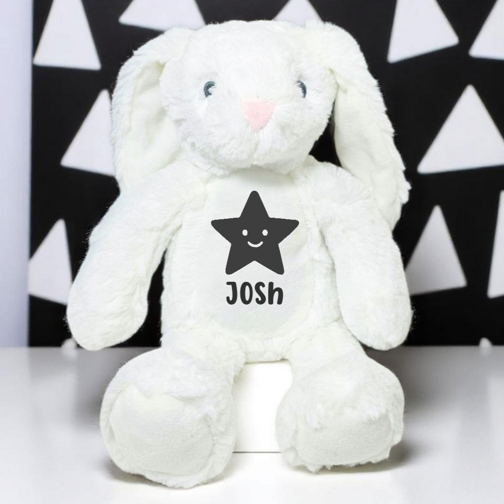 Personalised White Plush Bunny with Black Star | Monochrome Keepsake Toy