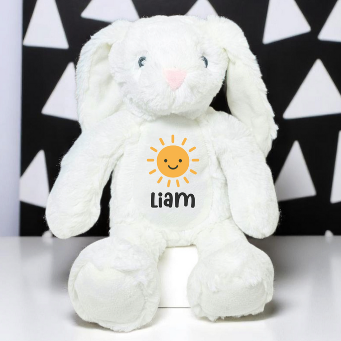 Personalised White Plush Bunny with Yellow Sun | Custom Baby Gift