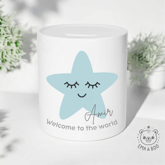 Personalised Ceramic Money Box - Blue Star