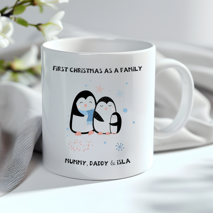 Mug with penguin family design and personalised names – First Christmas as a Family