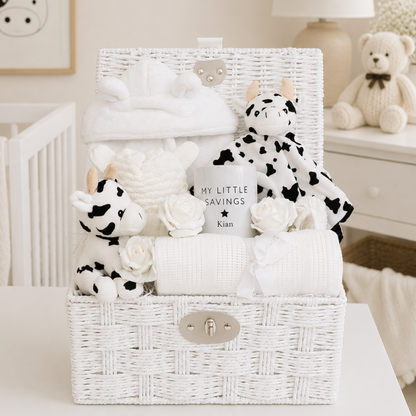 Personalised unisex baby hamper with cow comforter, money box and baby essentials
