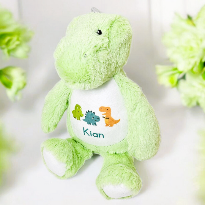 Soft green personalised dinosaur plush toy – baby gift and keepsake
