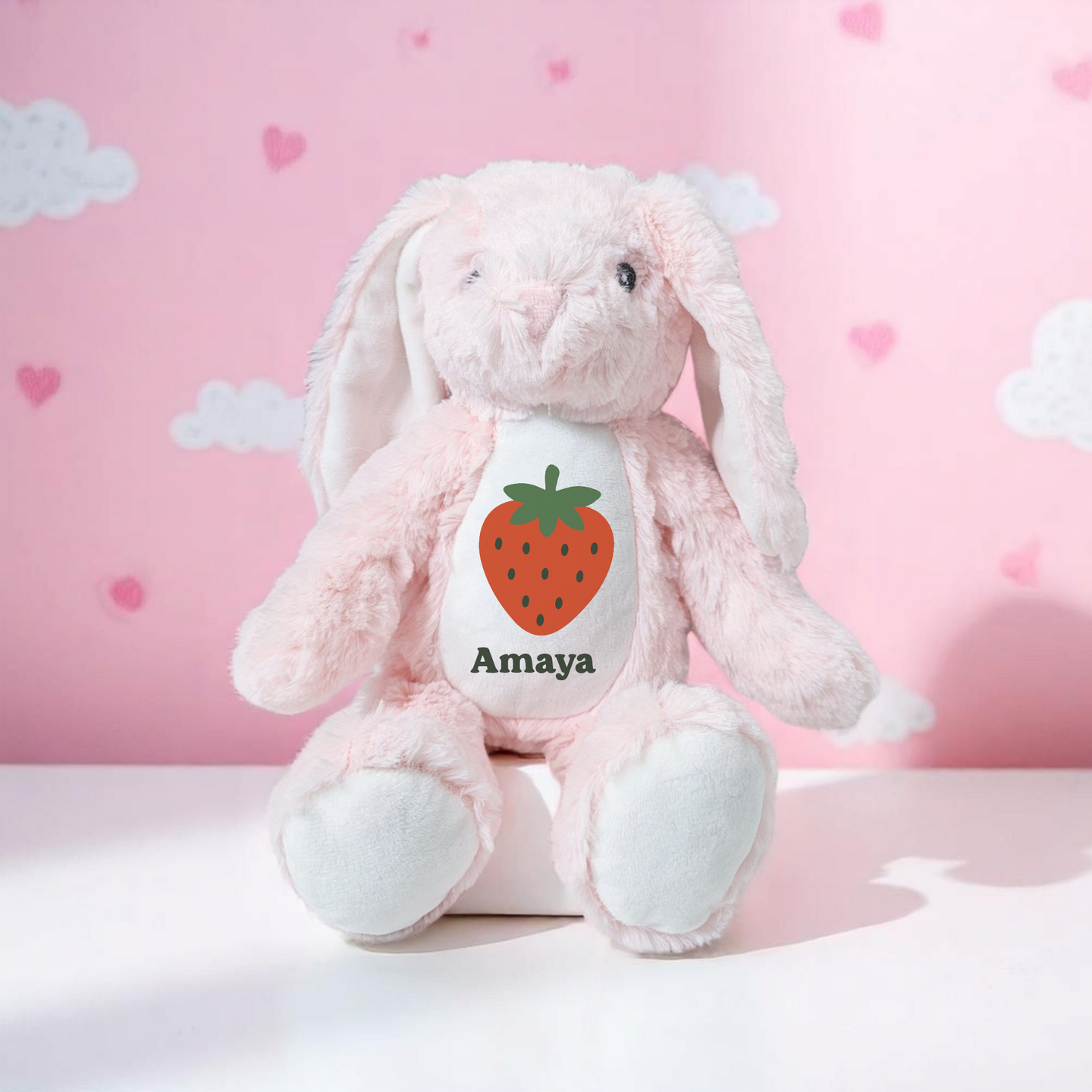 Personalised Strawberry Bunny – Pink Baby Soft Toy