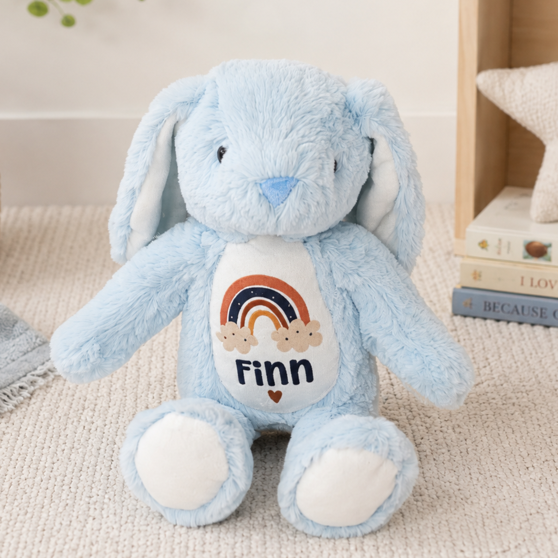 Blue rainbow personalised plush floppy bunny – personalised baby toy and newborn gift from Ema and Boo