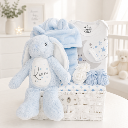 Personalised baby boy hamper with blue robe, stars sleepsuit, muslin, booties & plush bunny - Gift for baby boys