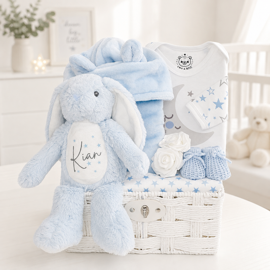 Personalised baby boy hamper with blue robe, stars sleepsuit, muslin, booties & plush bunny - Gift for baby boys