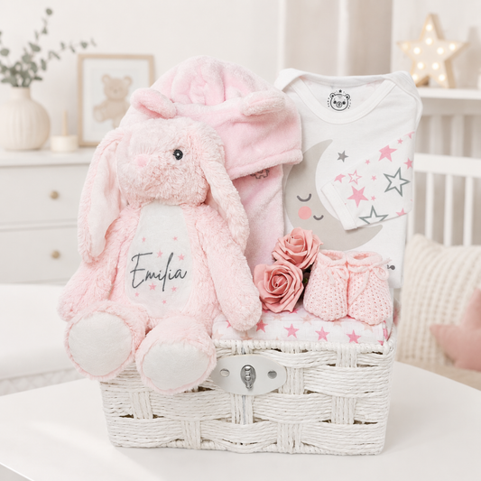 Personalised baby girl hamper with pink robe, star sleepsuit, muslin, booties & plush bunny - Gift for baby girl