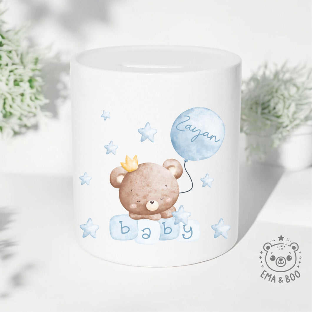 Personalised Ceramic Money Box - Baby Bear Blue