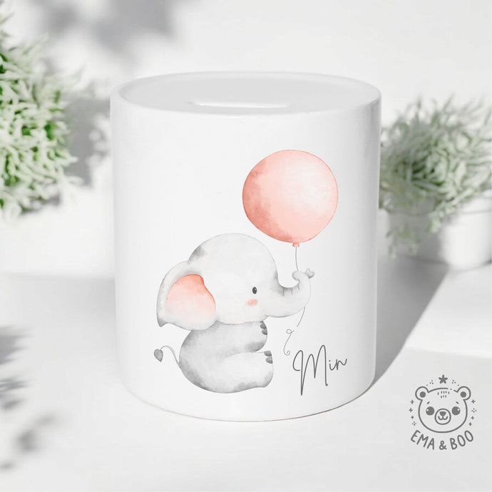Personalised Ceramic Money Box - Elephant and Pink Balloon