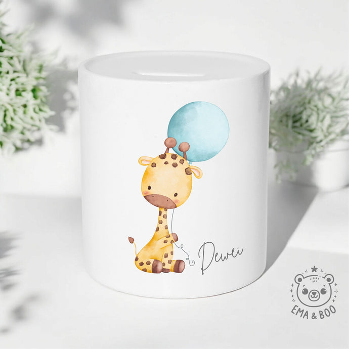 Personalised Ceramic Money Box - Giraffe with Blue Balloon