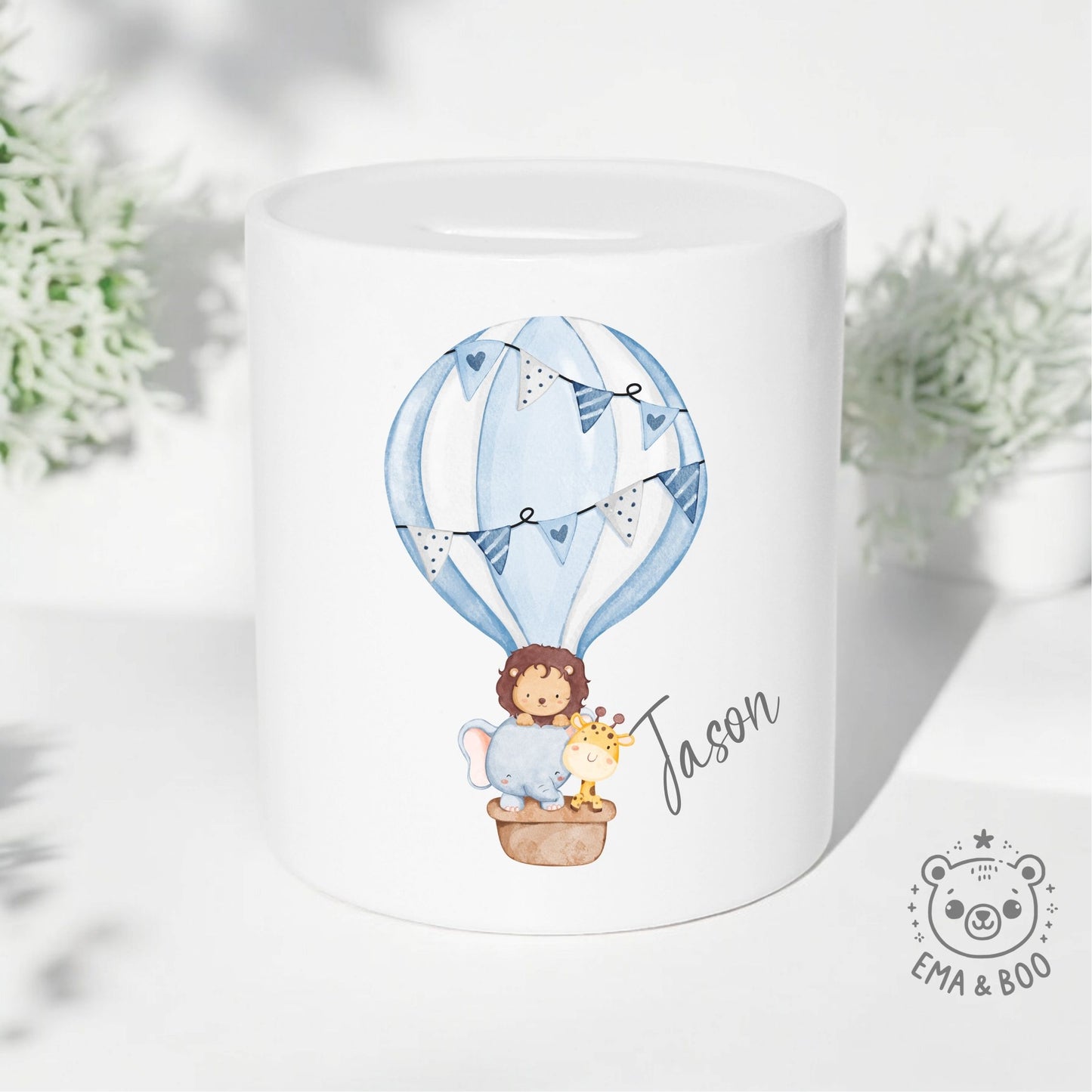 Personalised Ceramic Money Box - Hot Air Balloon Blue